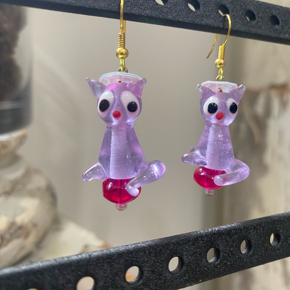 Handmade Glass Purple and Pink Cat Earrings